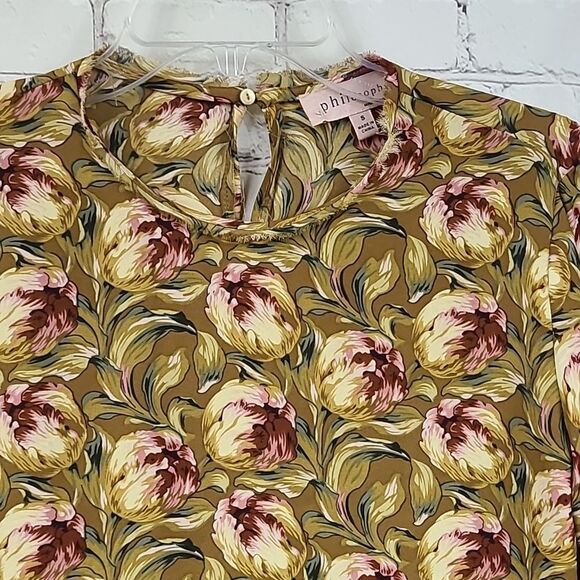 Philosophy Gold Floral Fringe Blouse S Boho Chiffon Long Sleeve Top Artsy Glam - Picture 3 of 14